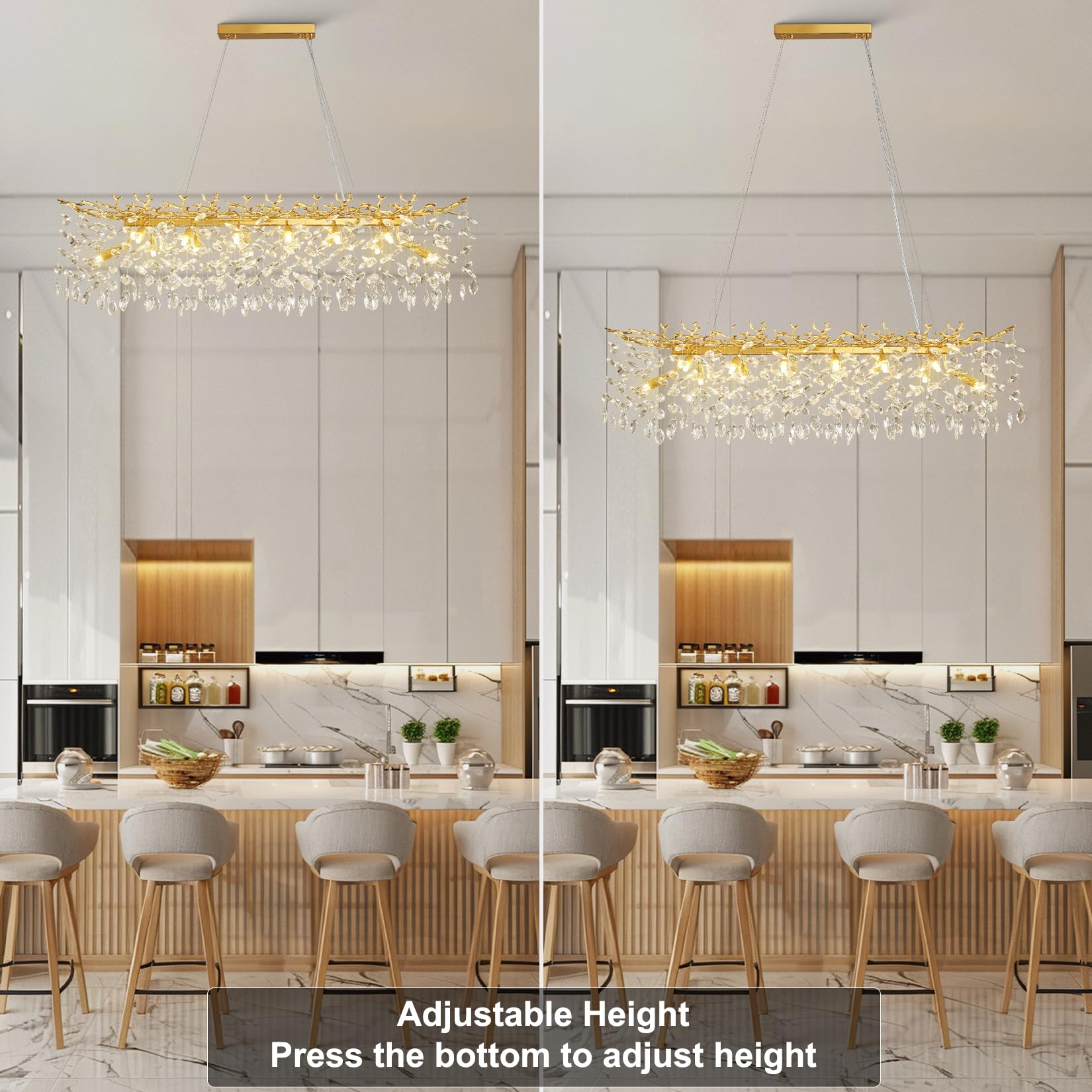 60" Modern Gold Crystal Tree Branch Chandelier, 16 - Light Rectangular Chandeliers for Dining Room, Kitchen Island, Living Room, Luxury K9 Crystal Raindrop Light Fixture - Camilalamps - B0FC6PCBZ1