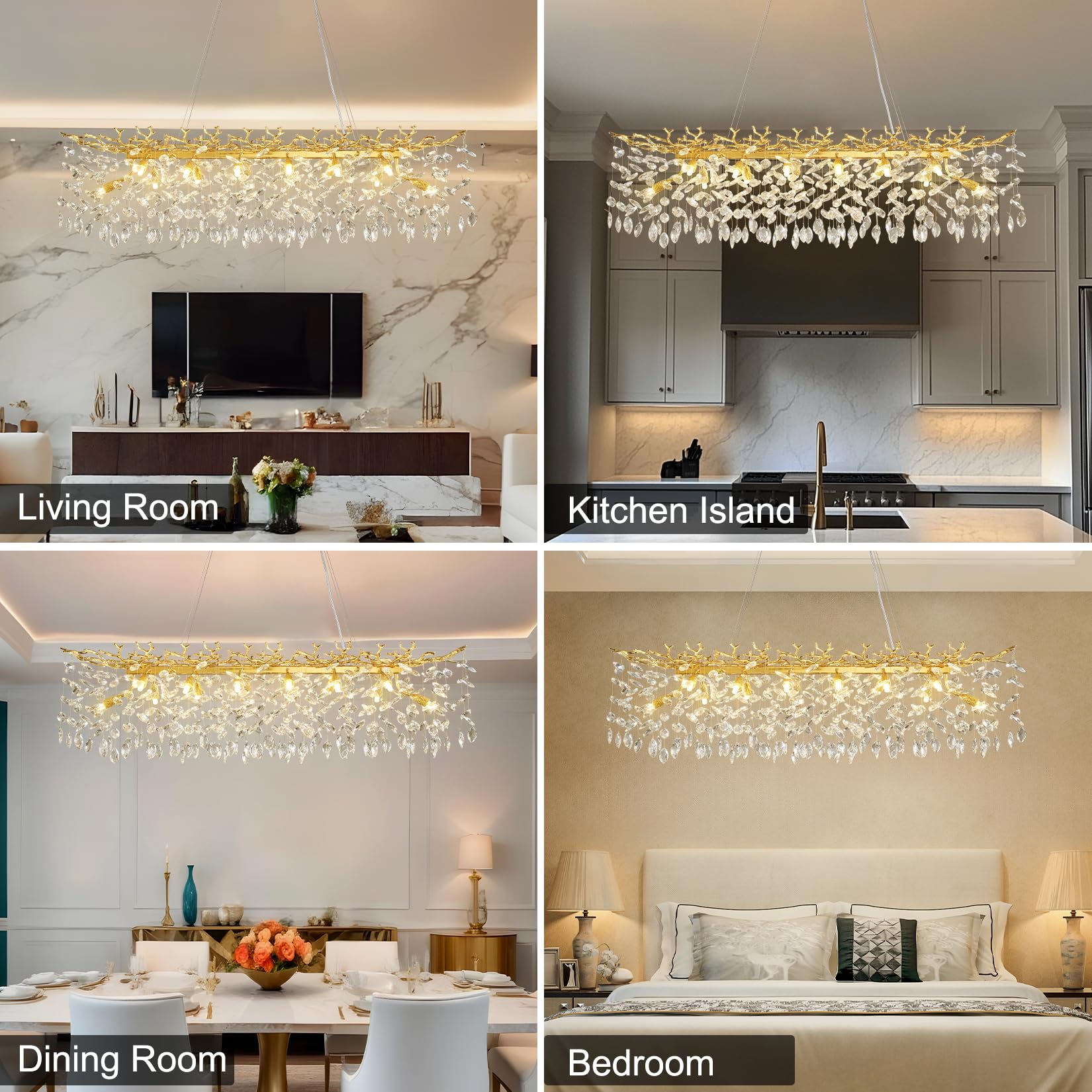 60" Modern Gold Crystal Tree Branch Chandelier, 16 - Light Rectangular Chandeliers for Dining Room, Kitchen Island, Living Room, Luxury K9 Crystal Raindrop Light Fixture - Camilalamps - B0FC6PCBZ1