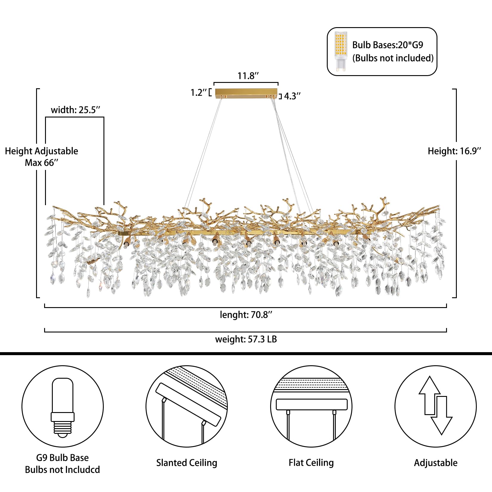 60" Modern Gold Crystal Tree Branch Chandelier, 16 - Light Rectangular Chandeliers for Dining Room, Kitchen Island, Living Room, Luxury K9 Crystal Raindrop Light Fixture - Camilalamps - B0FC6PCBZ1