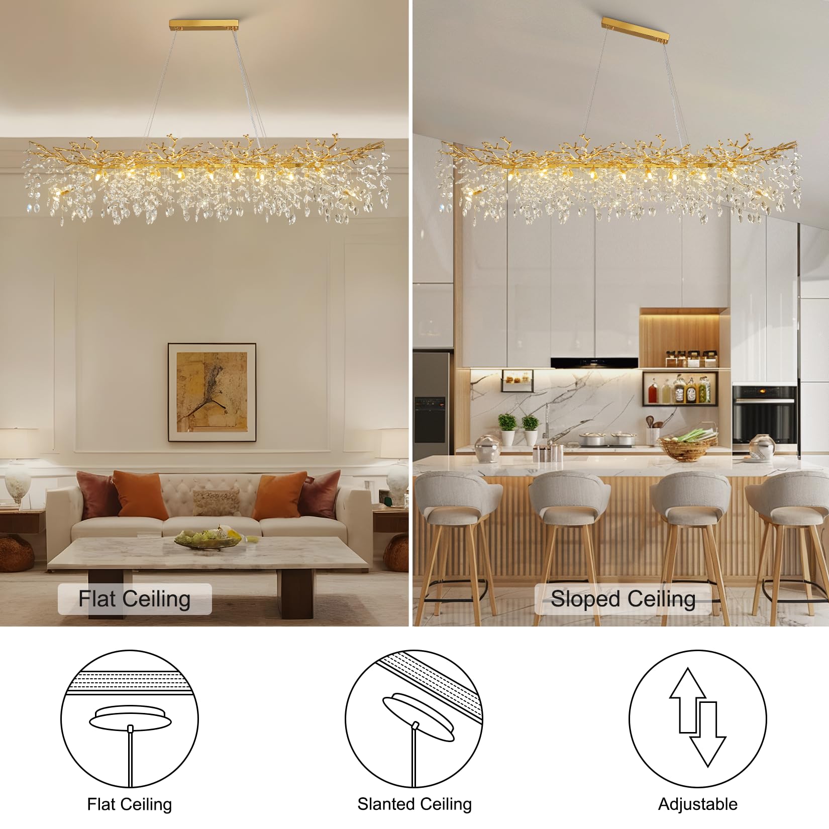 60" Modern Gold Crystal Tree Branch Chandelier, 16 - Light Rectangular Chandeliers for Dining Room, Kitchen Island, Living Room, Luxury K9 Crystal Raindrop Light Fixture - Camilalamps - B0FC6PCBZ1