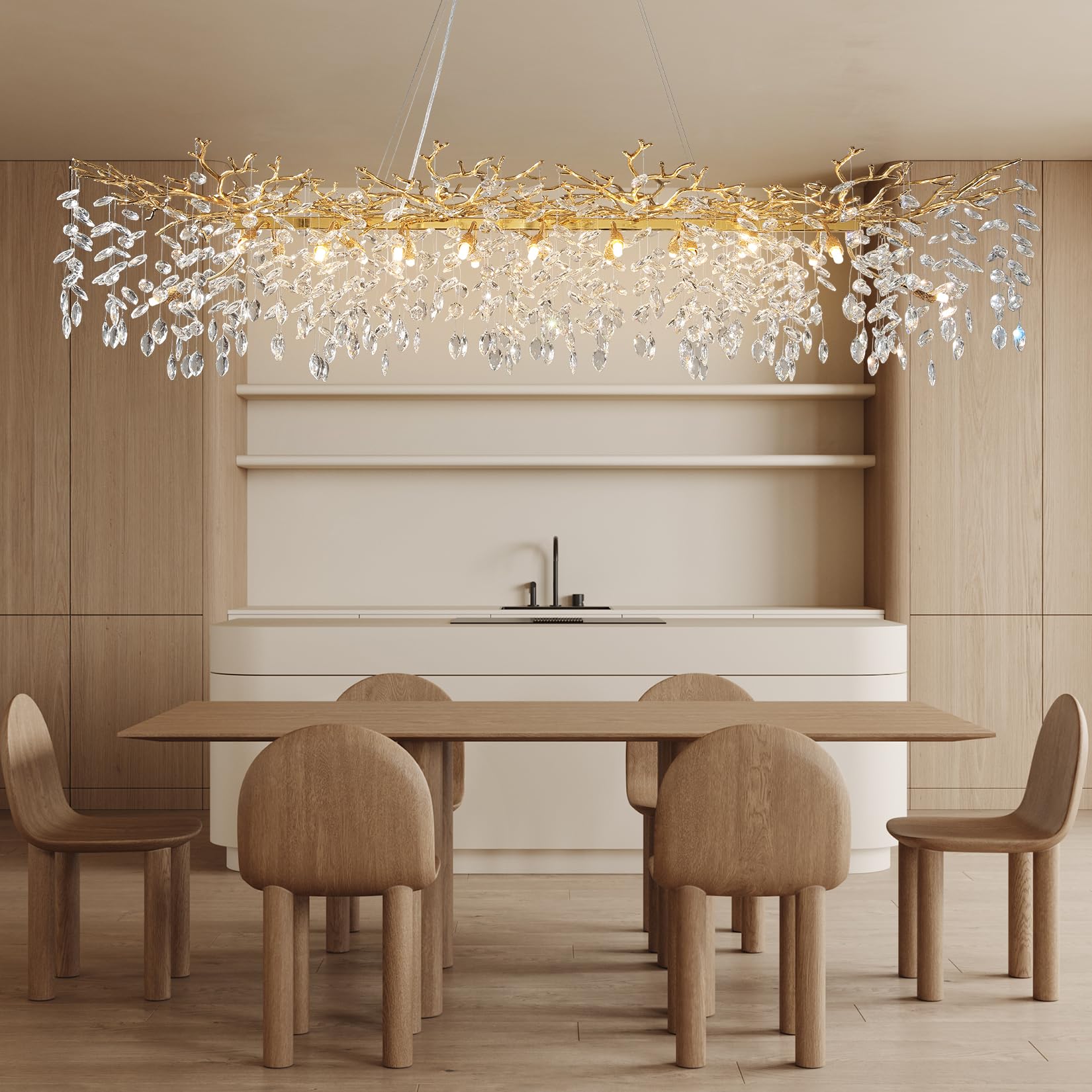 60" Modern Gold Crystal Tree Branch Chandelier, 16 - Light Rectangular Chandeliers for Dining Room, Kitchen Island, Living Room, Luxury K9 Crystal Raindrop Light Fixture - Camilalamps - B0C81C4T3D