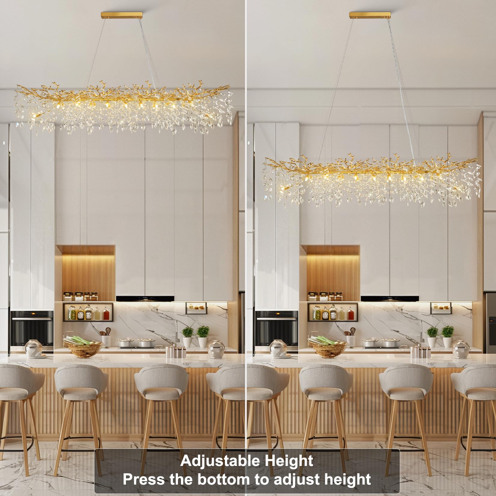 60" Modern Gold Crystal Tree Branch Chandelier, 16 - Light Rectangular Chandeliers for Dining Room, Kitchen Island, Living Room, Luxury K9 Crystal Raindrop Light Fixture - Camilalamps - B0FC6PCBZ1