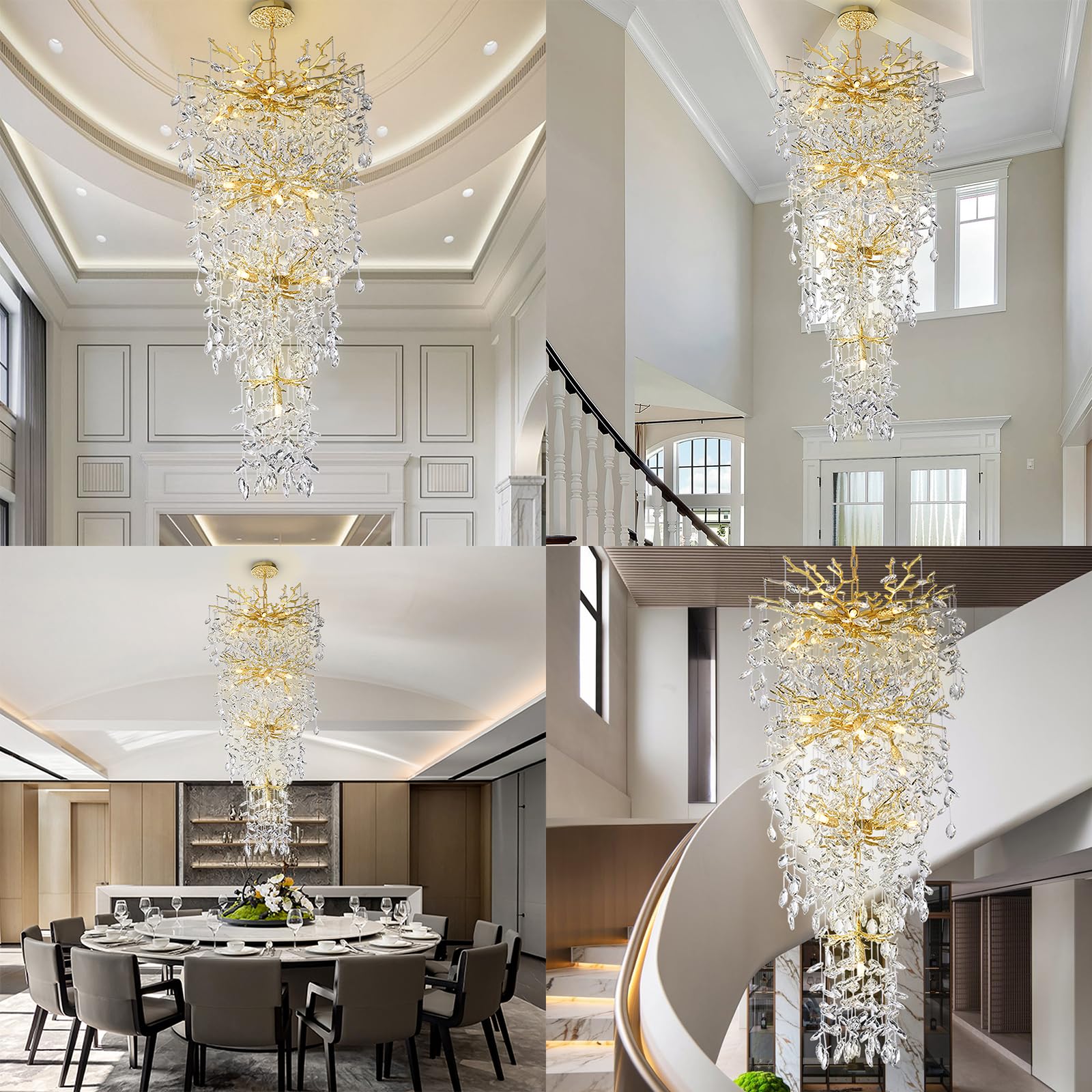 60" Modern Gold Crystal Tree Branch Chandelier, 16 - Light Rectangular Chandeliers for Dining Room, Kitchen Island, Living Room, Luxury K9 Crystal Raindrop Light Fixture - Camilalamps - B0FC6PCBZ1