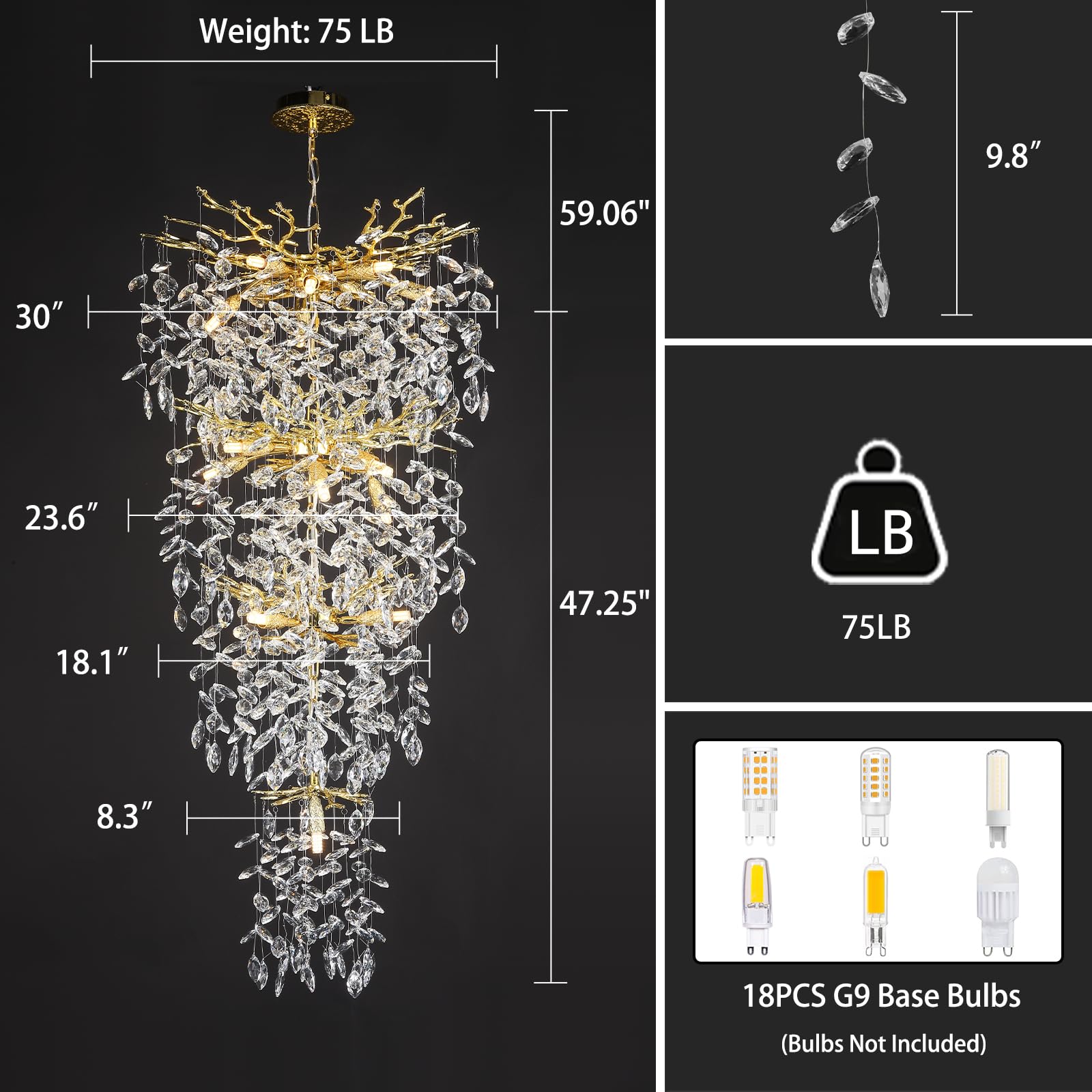 60" Modern Gold Crystal Tree Branch Chandelier, 16 - Light Rectangular Chandeliers for Dining Room, Kitchen Island, Living Room, Luxury K9 Crystal Raindrop Light Fixture - Camilalamps - B0FC6PCBZ1