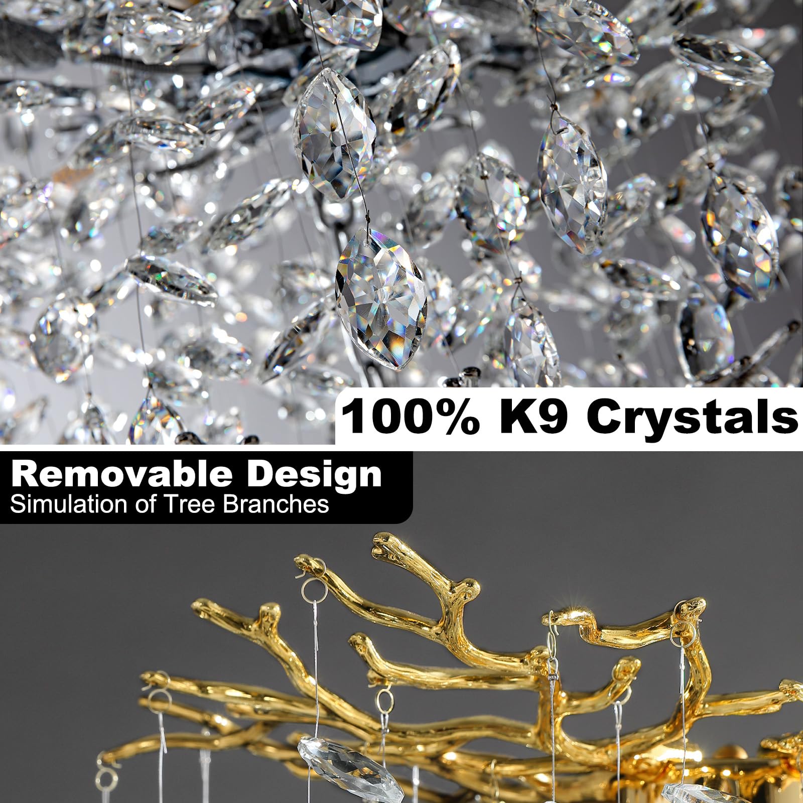 60" Modern Gold Crystal Tree Branch Chandelier, 16 - Light Rectangular Chandeliers for Dining Room, Kitchen Island, Living Room, Luxury K9 Crystal Raindrop Light Fixture - Camilalamps - B0FC6PCBZ1