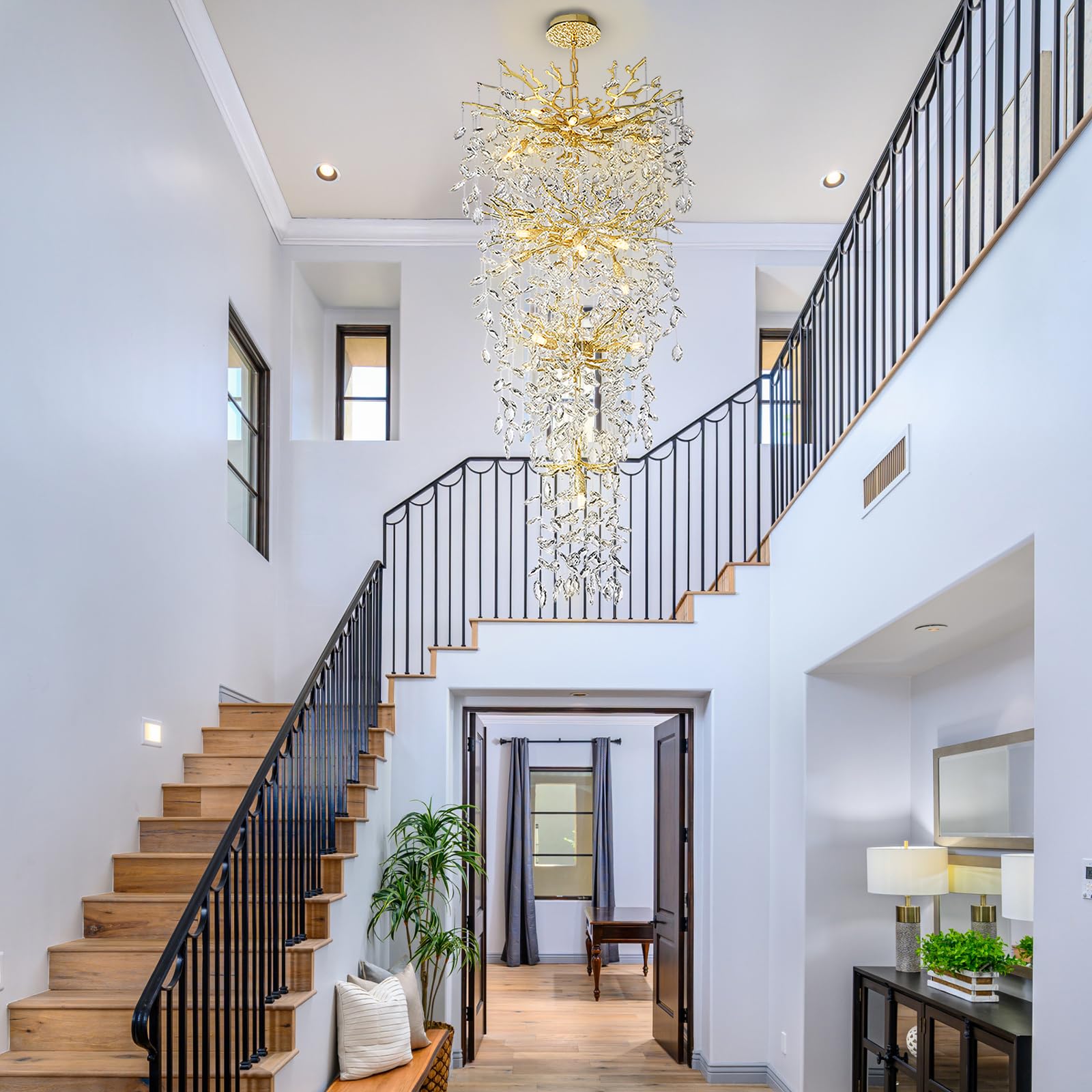 60" Modern Gold Crystal Tree Branch Chandelier, 16 - Light Rectangular Chandeliers for Dining Room, Kitchen Island, Living Room, Luxury K9 Crystal Raindrop Light Fixture - Camilalamps - B0FC6PCBZ1