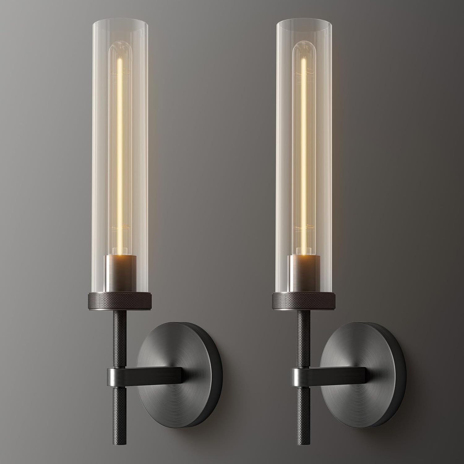 Wall Sconces Set of 2, Brass and Gold Wall Lighting Fixtures with Clear Glass, Mounted Lamps for Bedroom, Bathroom, Living Room, Hallway
