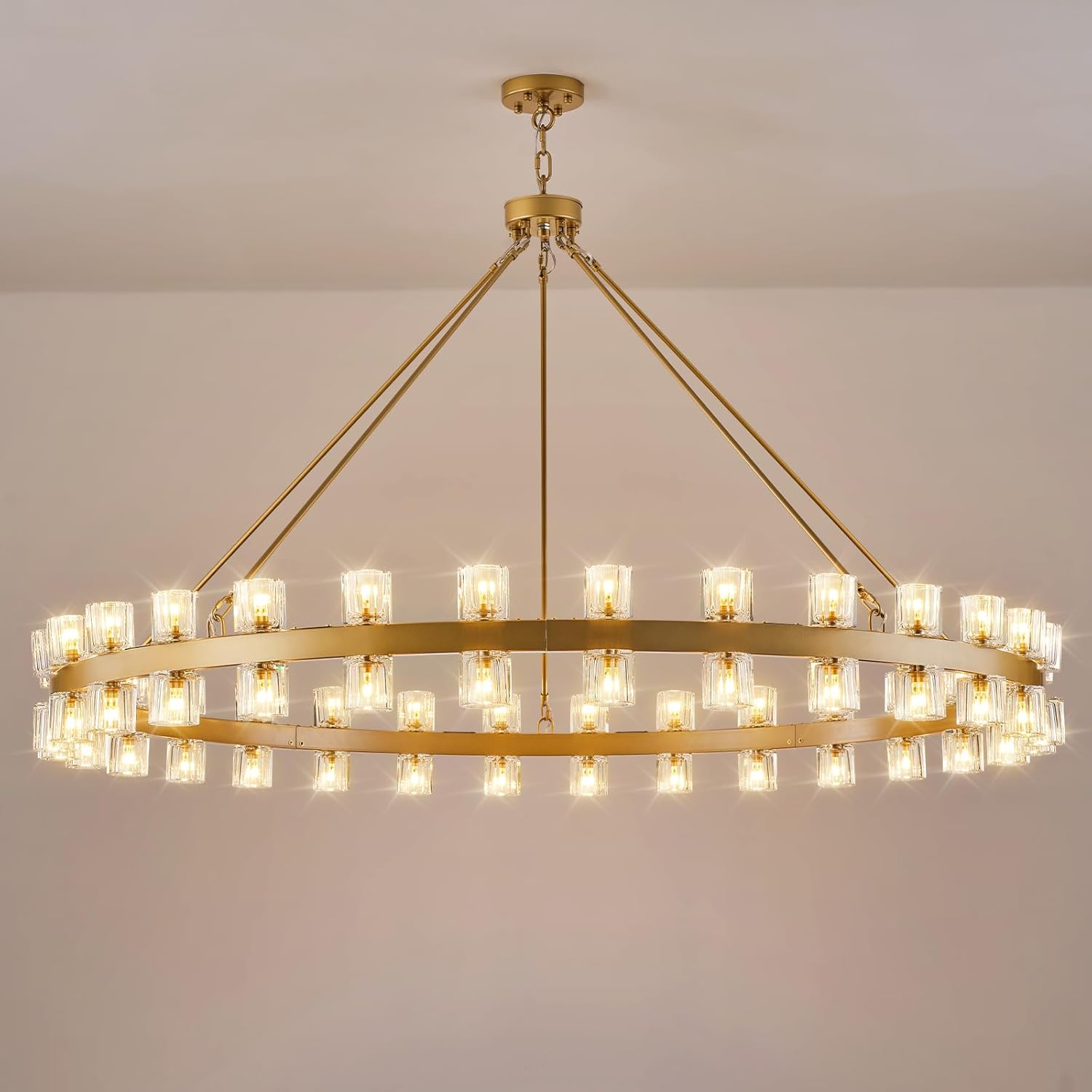 Gold Wagon Wheel Chandelier 60" Crystal Shade, 60 Lights, Farmhouse - Camilalamps - CA-B0DN92Y9L8