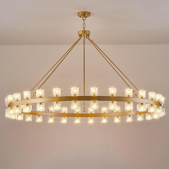 Gold Wagon Wheel Chandelier 60" Crystal Shade, 60 Lights, Farmhouse - Camilalamps - CA-B0DN92Y9L8