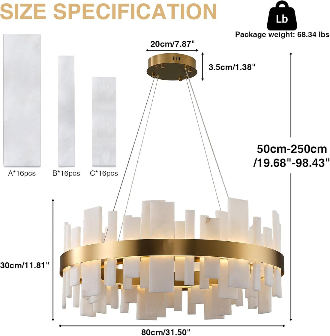 Adjustable Luxury Alabaster Round Chandelier – 31.5in Natural Stone - Camilalamps - CA-B0F1XZS6XQ