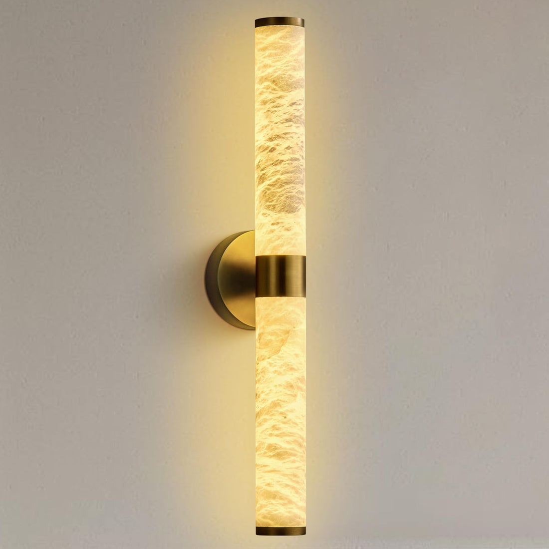Alabaster Wall Sconces, 24" Brass Wall Sconce, Cylinder Natural Spanish Marble Sconces Wall Lighting, Modern Gold Dimmable Wall Lights for Living Room Bedroom Bathroom Stairs Hallway Entryway