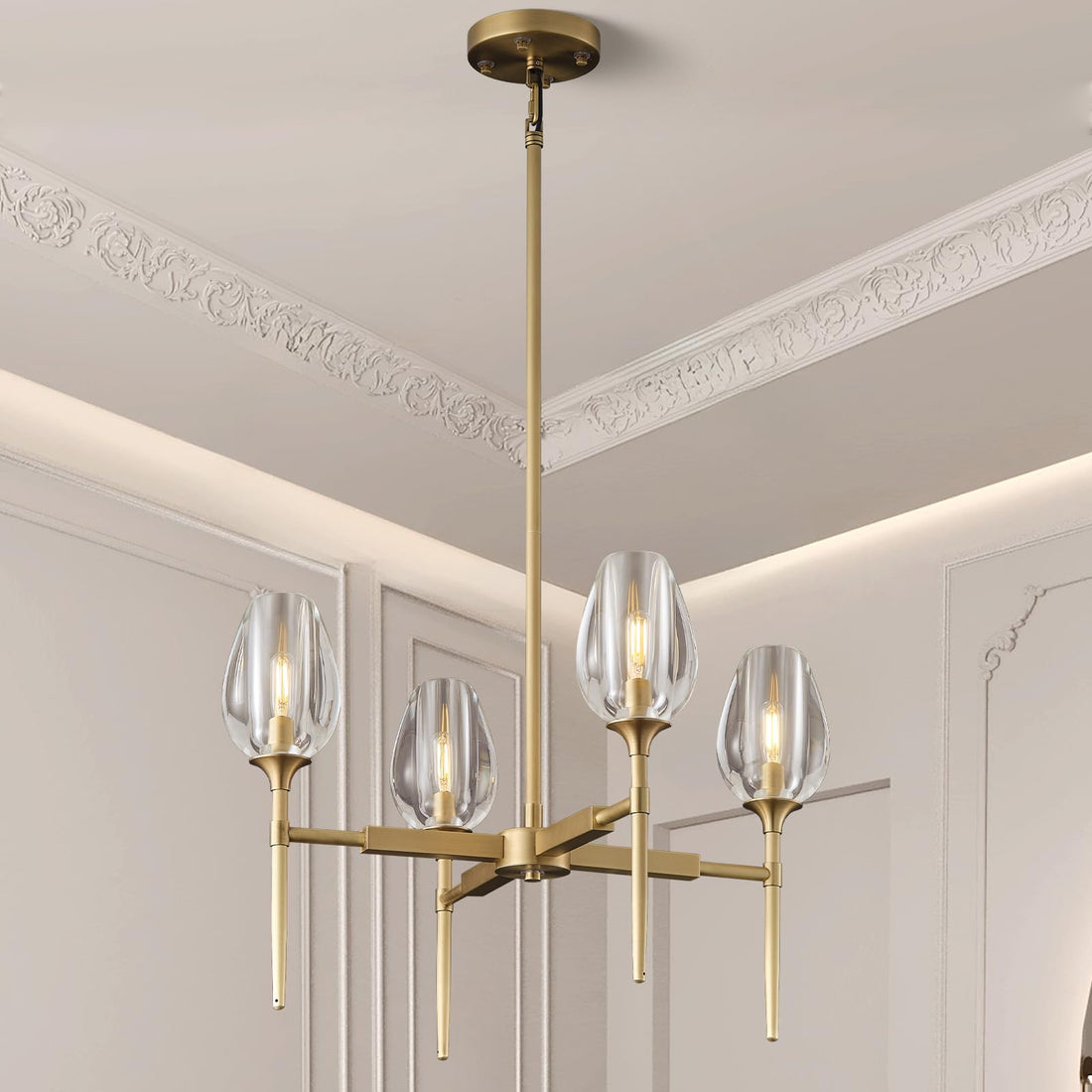 Crystal Chandelier, 52in Gold Tulip Rectangle K9 Crystal Chandelier, 8 Lights Brass Pendant Ceiling Light for Dining Living Room Bedroom Entryway, E12 Bulbs Included