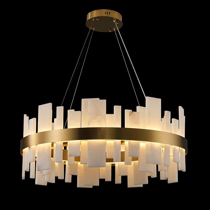 Adjustable Luxury Alabaster Round Chandelier – 31.5in Natural Stone - Camilalamps - CA-B0F1XZS6XQ