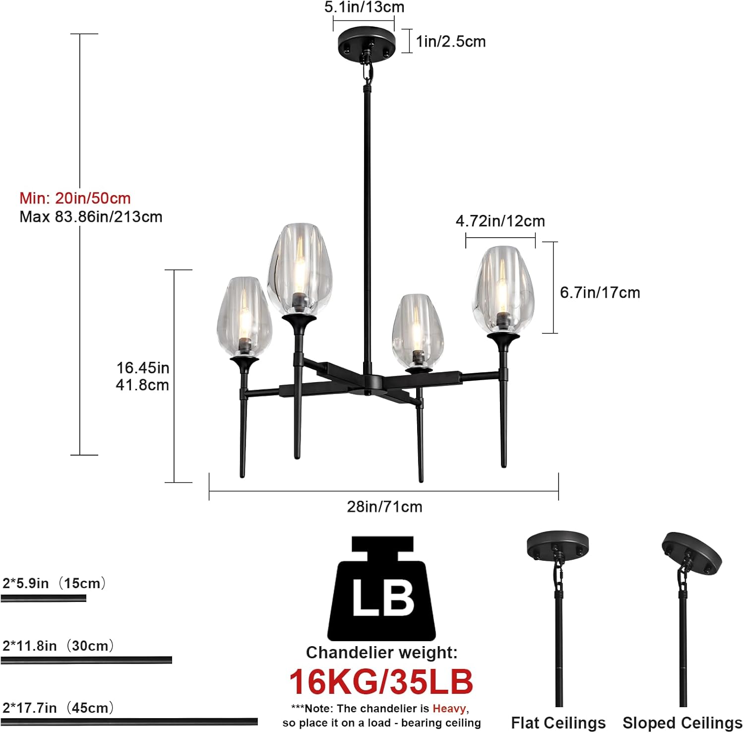 Crystal Black Adjustable 28" Tulip Pendant Chandelier with 4 Lights - Camilalamps - CA-B0DFPYKG3X