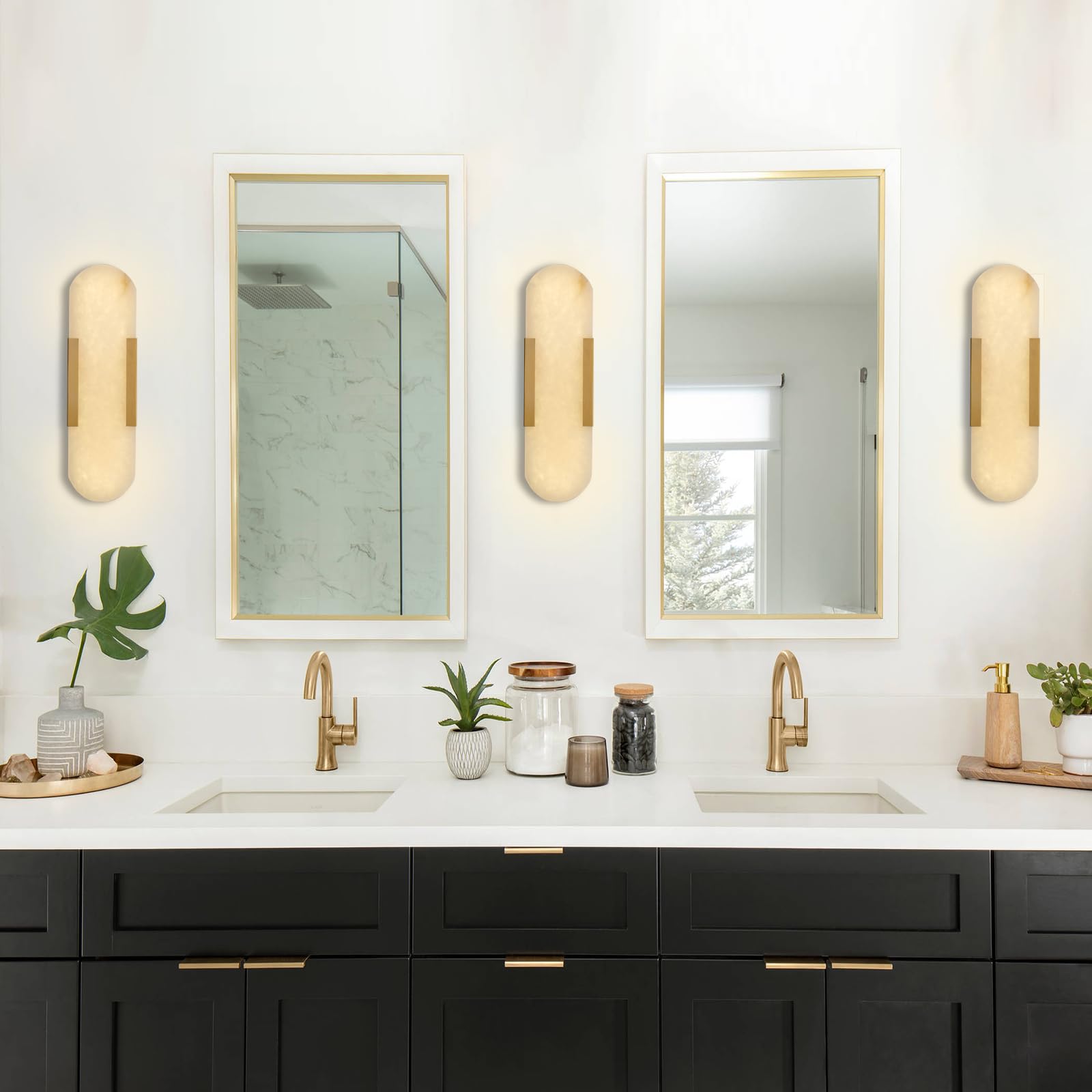 19.7'' Wall Sconces Set of 2, Natural Alabaster Wall Light, Indoor Vanity Light Fixtures for Bathroom,Black Bedside Wall Lamp Perfect for Hallway, Living Room,Bedroom,Stairs(Gift Bulb) - Camilalamps - B0CHYF9LZM