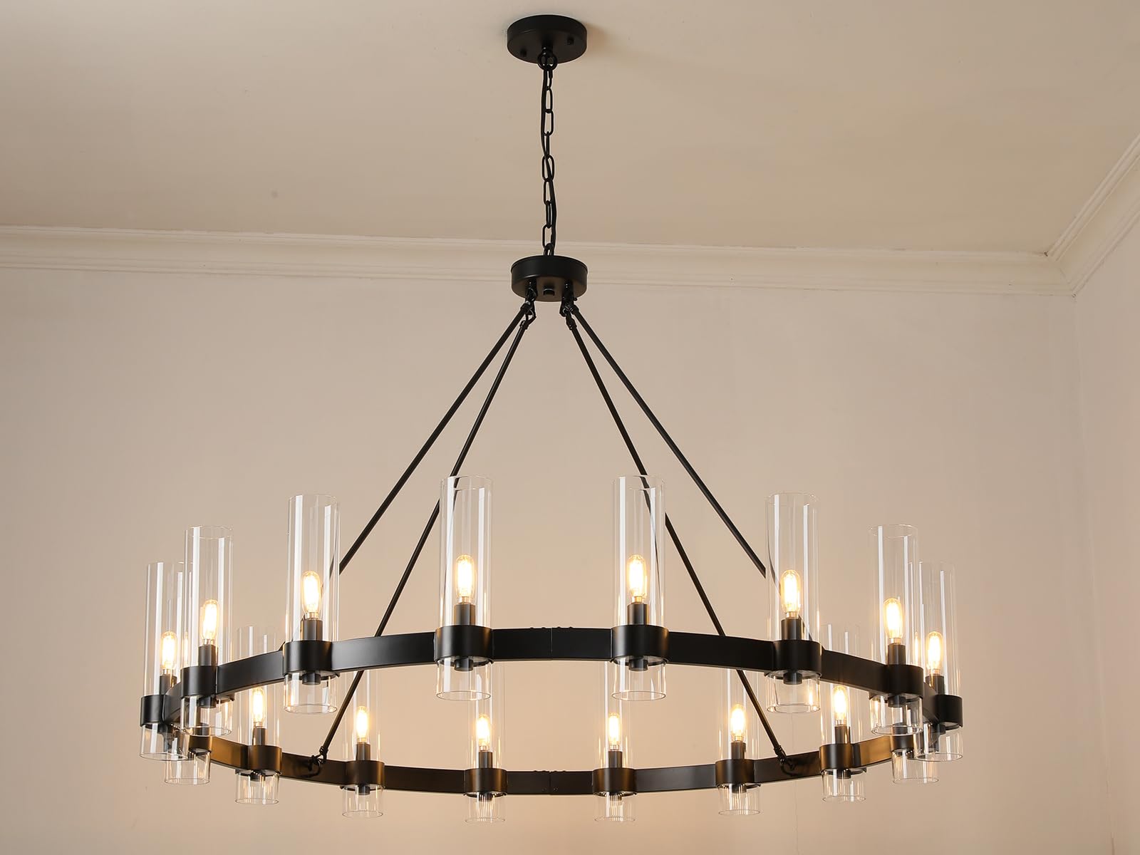 60 Inch Gold Chandelier, Wagon Wheel Chandelier with Glass Shade, 20 - Lights Large Round Modern Farmhouse High Ceiling Pendant Lighting Fixture for Dining Room, Living Room, Kitchen, Foyer - Camilalamps - B0CNRHR35D
