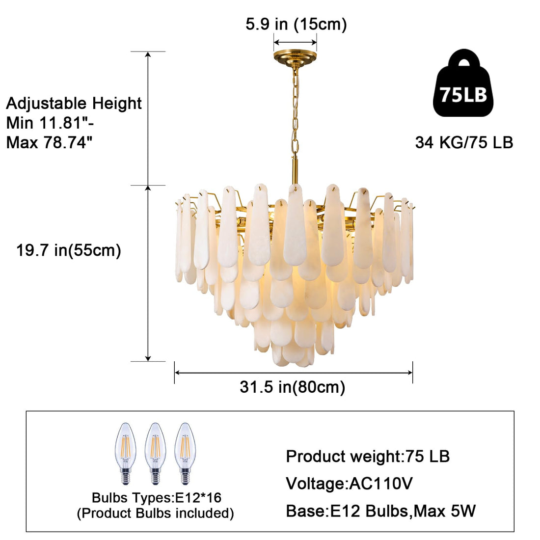 Alabaster Chandelier for Dining Room, 6-Tier Modern Round Chandeliers, D31.5in Adjustable Marble Pendant Light Fixture, White Marble Oval Ceiling Light for Dining Table Kitchen Island Living Room
