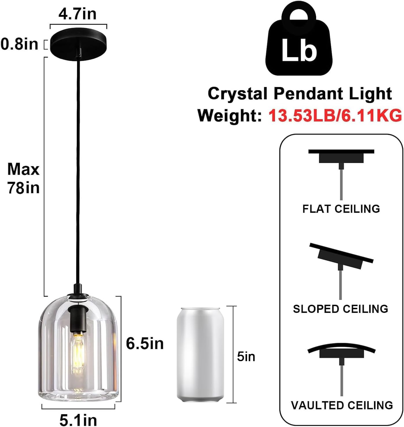 Black Crystal Modern Pendant Light with Adjustable 78‑Inch Height - Camilalamps - CA-B0FDPHPR9G