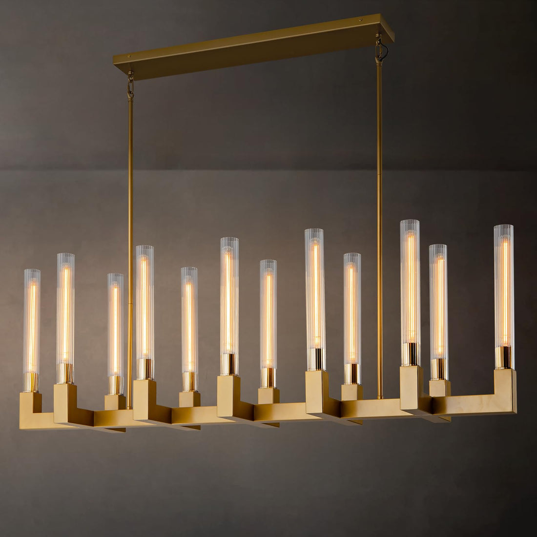 Farmhouse Chandelier with Glass Tube, Gold 12-Lights Modern Chandeliers Over Table 54''Rectangular Luxurious Large Ceiling Pendant Lighting Fixture for Dining Living Room, Foyer