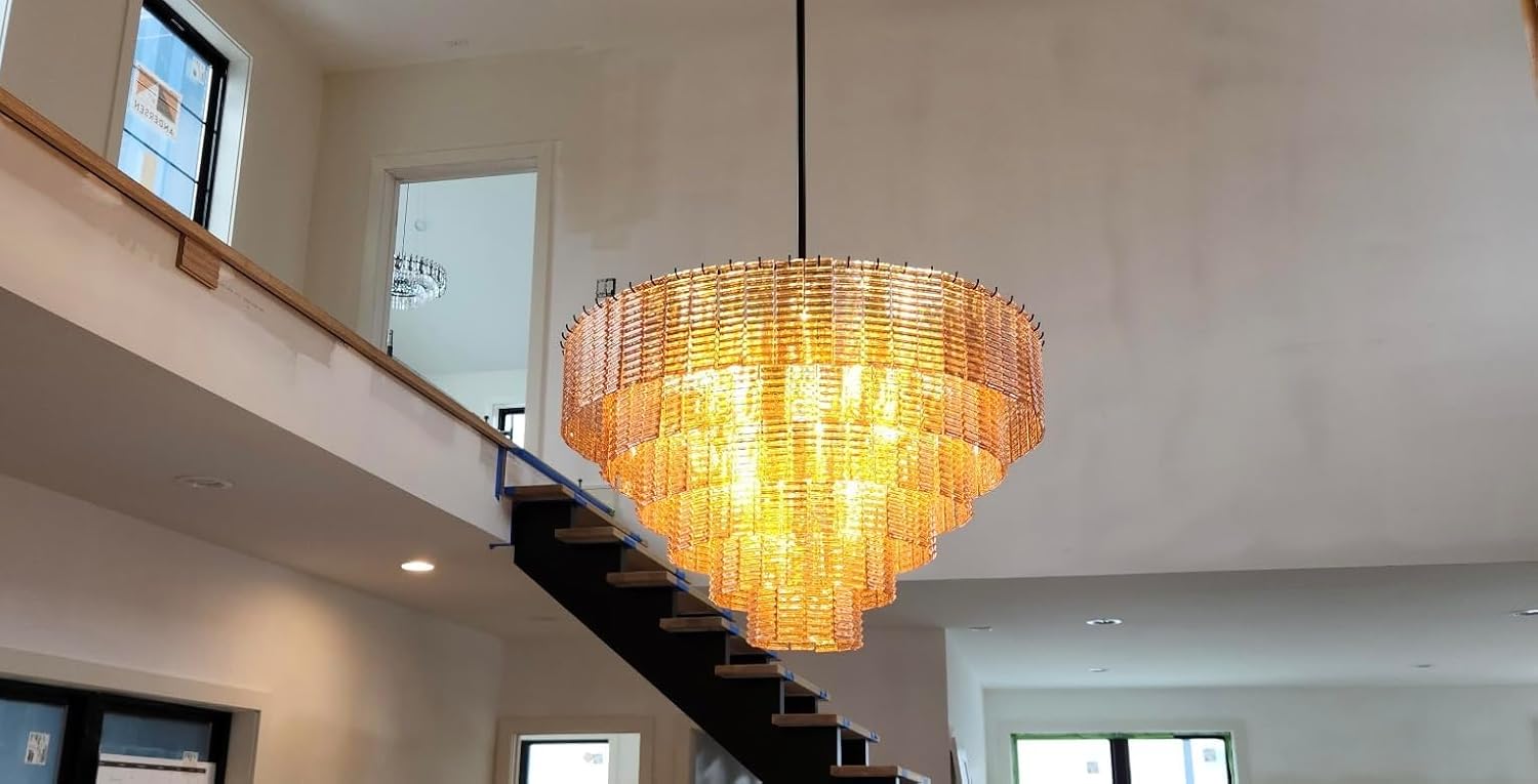 41" Extra Large 18 - Light Amber Glass Black Round Chandelier - Camilalamps - CA-B0FPM873C1