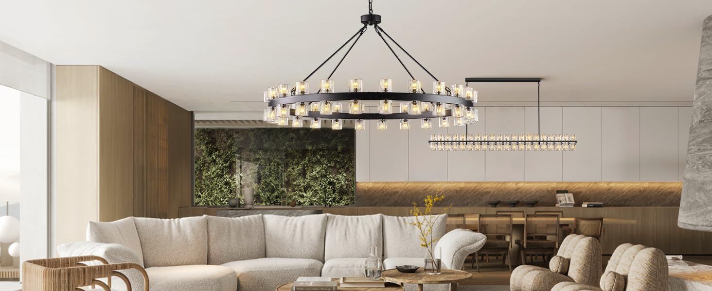 48 Inch Black Wagon Wheel Chandelier with Crystal Shade, 48 Lights, Modern Farmhouse Style, Ideal for Dining Room, Kitchen, Entryways - Camilalamps - B0DPJY8R54