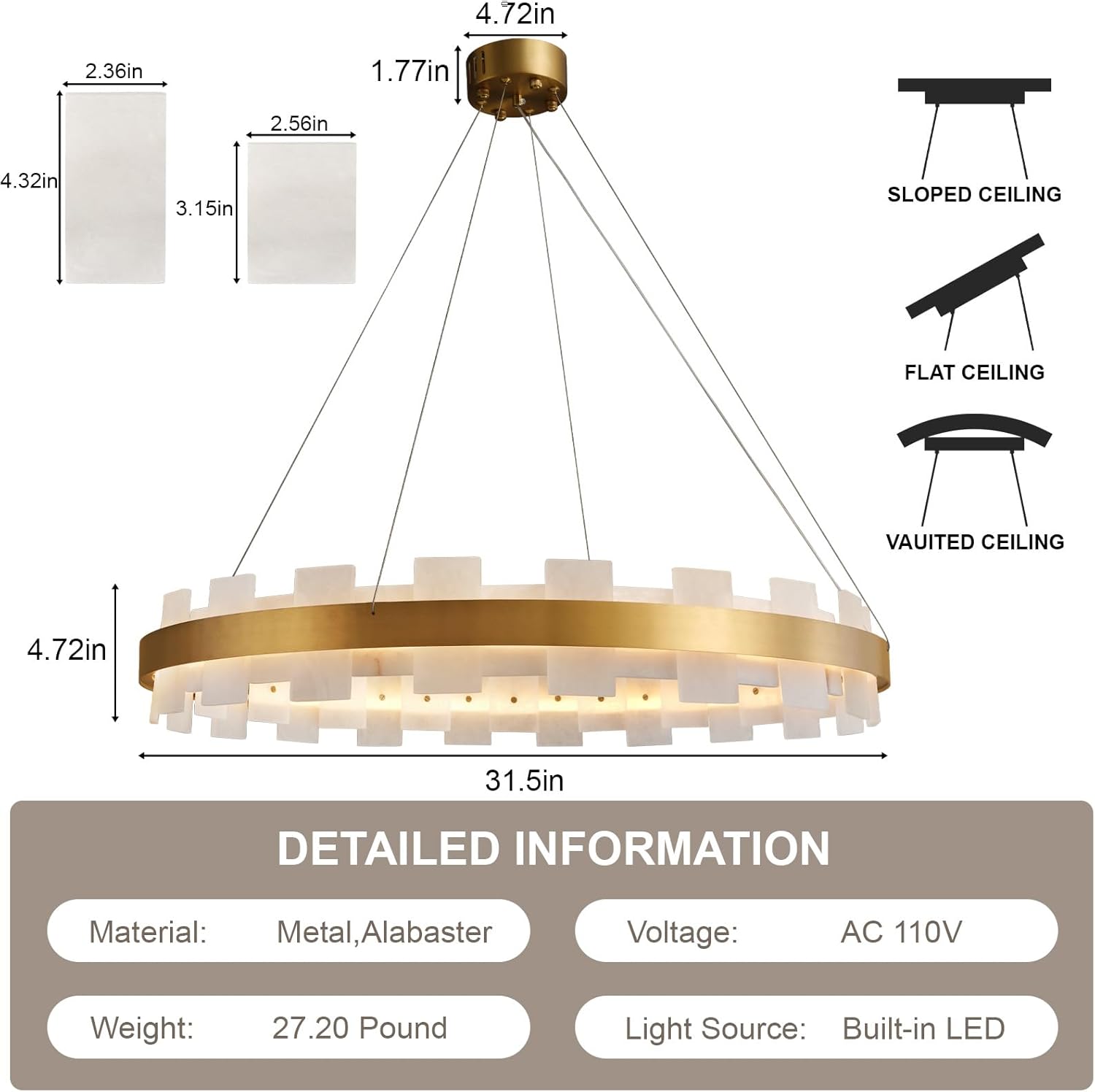 Elegant Spanish Alabaster Round Chandelier 31.5" Diameter with Adjustable Height - Camilalamps - CA-B0FNQYZ6WZ
