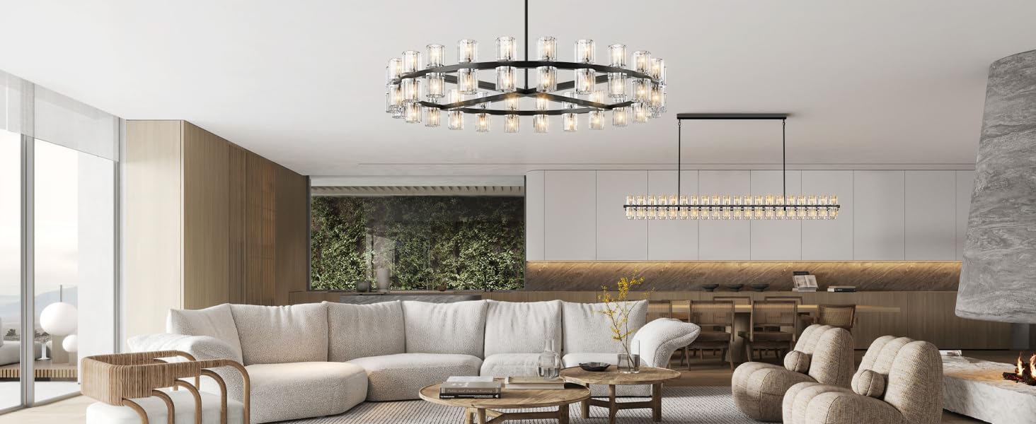 48 Inch Black Wagon Wheel Chandelier with Crystal Shade, 48 Lights, Modern Farmhouse Style, Ideal for Dining Room, Kitchen, Entryways - Camilalamps - B0DPJY8R54