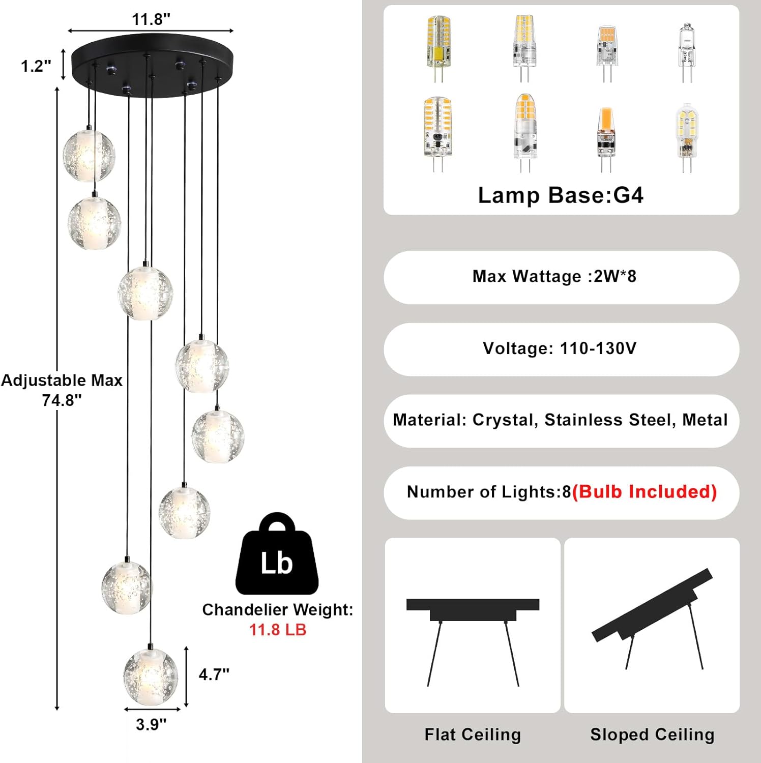 Black Crystal Staircase Chandelier with Adjustable Height and 8 Lights - Camilalamps - CA-B0FVLLNGCP