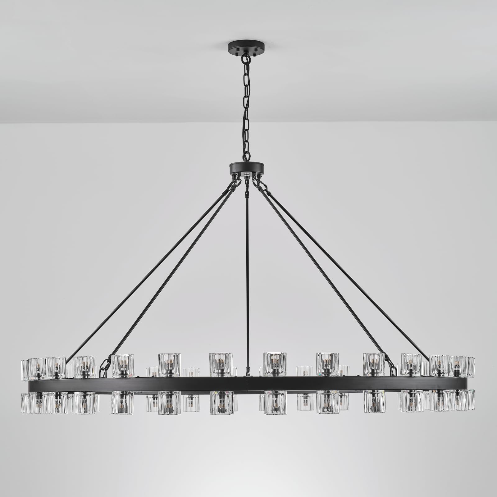 48 Inch Black Wagon Wheel Chandelier with Crystal Shade, 48 Lights, Modern Farmhouse Style, Ideal for Dining Room, Kitchen, Entryways - Camilalamps - B0DPJY8R54