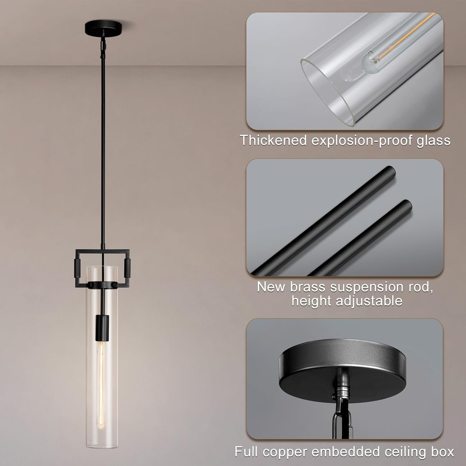 Modern Large Black Pendant Light Fixture Set of 2 - 21.6 Inch Adjustable Hanging Chandelier with Glass Shade & Brass Finish, Farmhouse Island Lighting for Kitchen, Dining Room, Bathroom - Camilalamps - CA-B0FGJ75LZ1