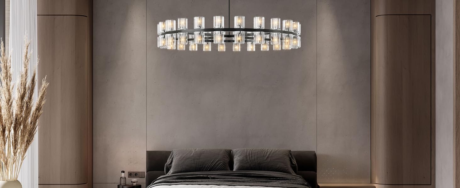 48 Inch Black Wagon Wheel Chandelier with Crystal Shade, 48 Lights, Modern Farmhouse Style, Ideal for Dining Room, Kitchen, Entryways - Camilalamps - B0DPJY8R54