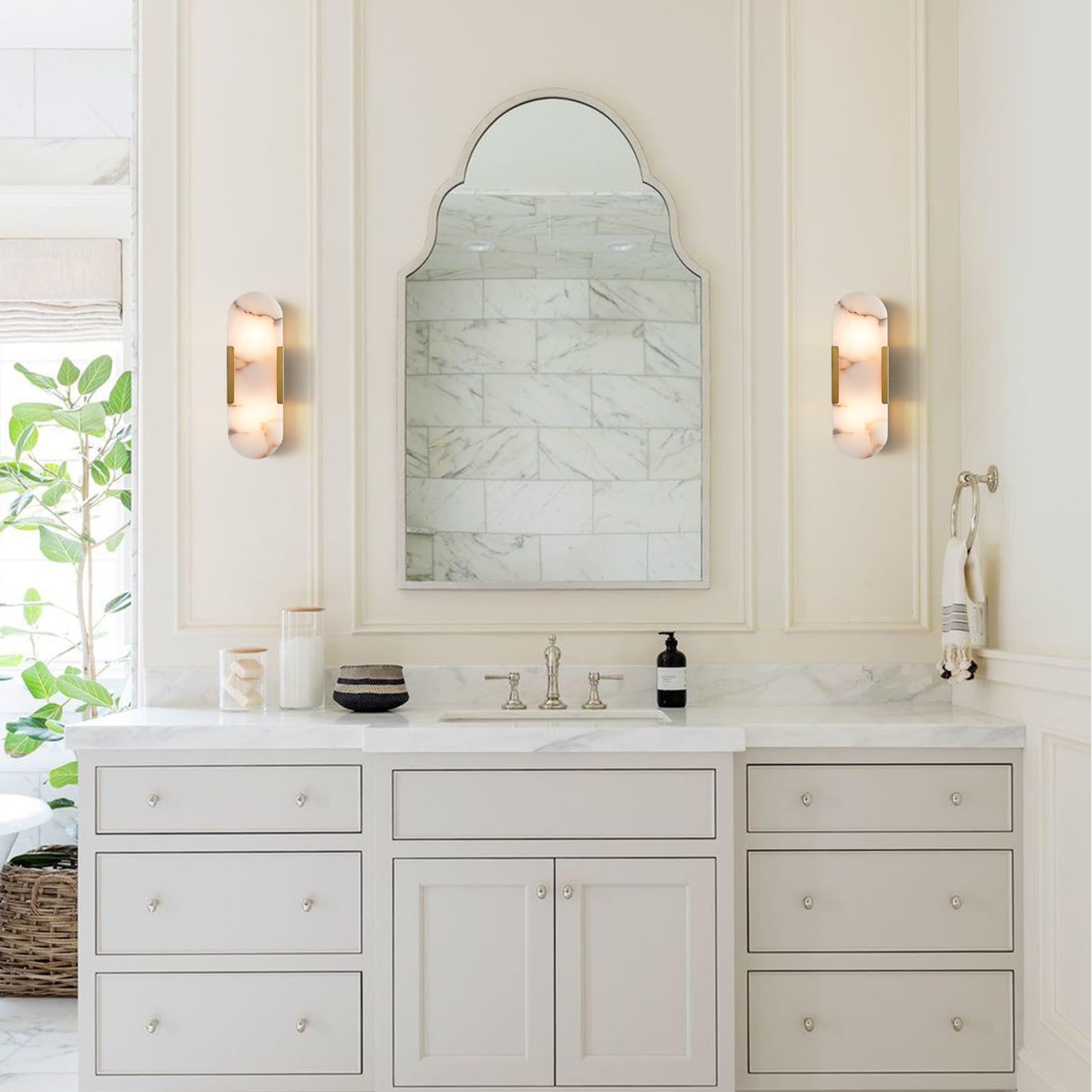 19.7'' Wall Sconces Set of 2, Natural Alabaster Wall Light, Indoor Vanity Light Fixtures for Bathroom,Black Bedside Wall Lamp Perfect for Hallway, Living Room,Bedroom,Stairs(Gift Bulb) - Camilalamps - B0CHYF9LZM