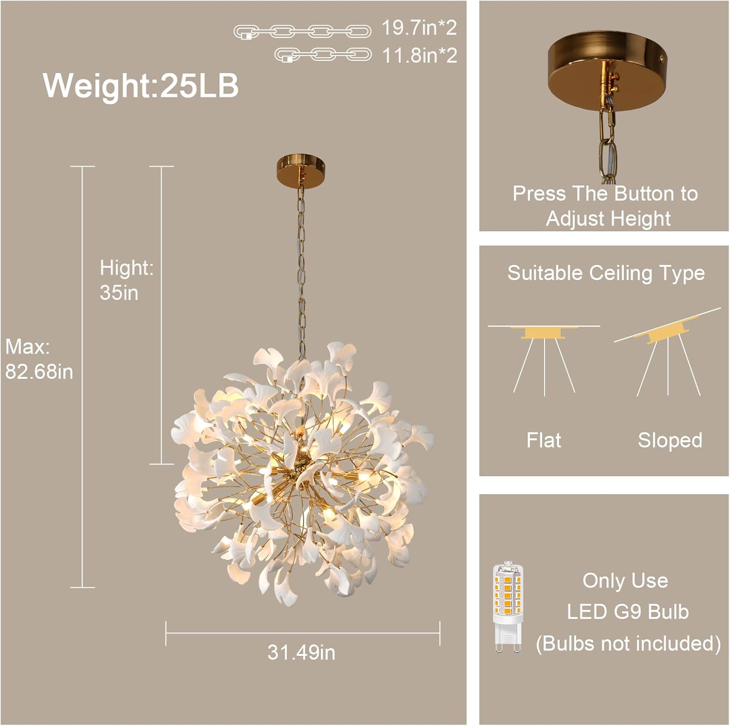 Gold Tree Branches 31" Sputnik Ginkgo Leaf Ceiling Chandelier - Camilalamps - CA-B0FKBK4S2B