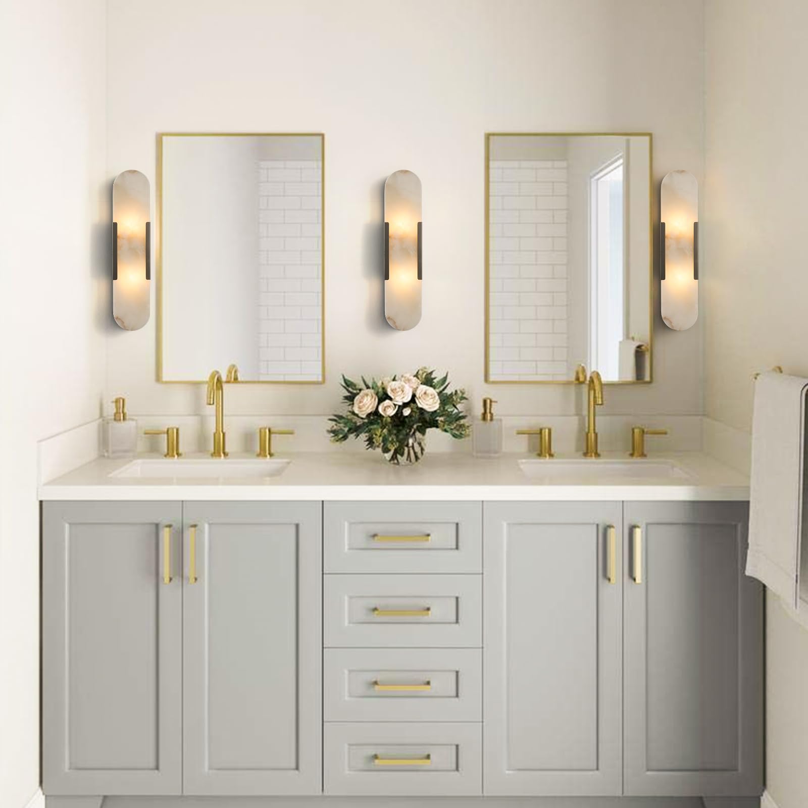 19.7'' Wall Sconces Set of 2, Natural Alabaster Wall Light, Indoor Vanity Light Fixtures for Bathroom,Black Bedside Wall Lamp Perfect for Hallway, Living Room,Bedroom,Stairs(Gift Bulb) - Camilalamps - B0CHYF9LZM