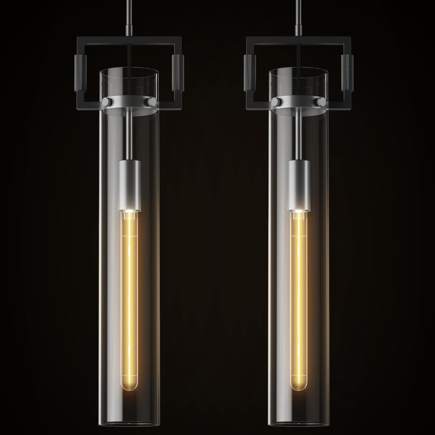 Modern Large Black Pendant Light Fixture Set of 2 - 21.6 Inch Adjustable Hanging Chandelier with Glass Shade & Brass Finish, Farmhouse Island Lighting for Kitchen, Dining Room, Bathroom - Camilalamps - CA-B0FGJ75LZ1