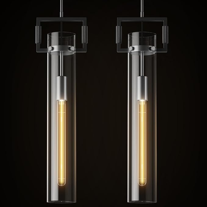 Modern Large Black Pendant Light Fixture Set of 2 - 21.6 Inch Adjustable Hanging Chandelier with Glass Shade & Brass Finish, Farmhouse Island Lighting for Kitchen, Dining Room, Bathroom - Camilalamps - CA-B0FGJ75LZ1