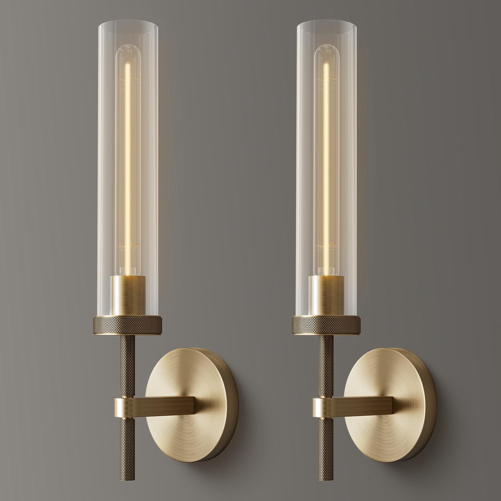 Brass Wall Sconces Set of 2, Double Lights 30" Knurled Texture Indoor Wall Light Fixtures, Bathroom Vanity Light Fixtures with Clear Glass, Modern Wall Lamp for Living Room Hallway(Bulb Included)