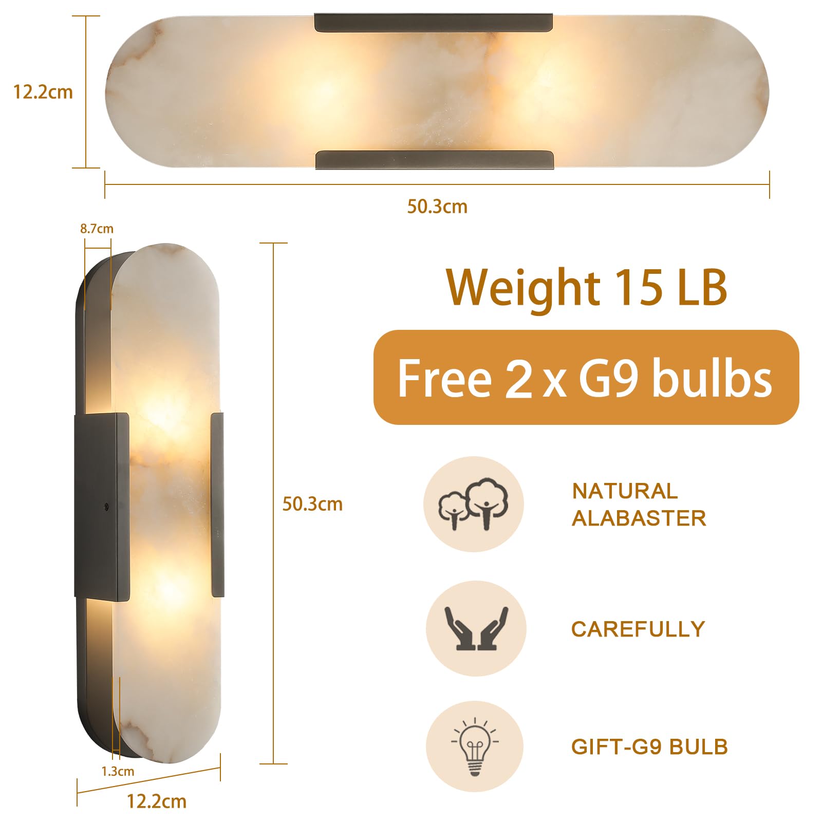 19.7'' Wall Sconces Set of 2, Natural Alabaster Wall Light, Indoor Vanity Light Fixtures for Bathroom,Black Bedside Wall Lamp Perfect for Hallway, Living Room,Bedroom,Stairs(Gift Bulb) - Camilalamps - B0CHYF9LZM