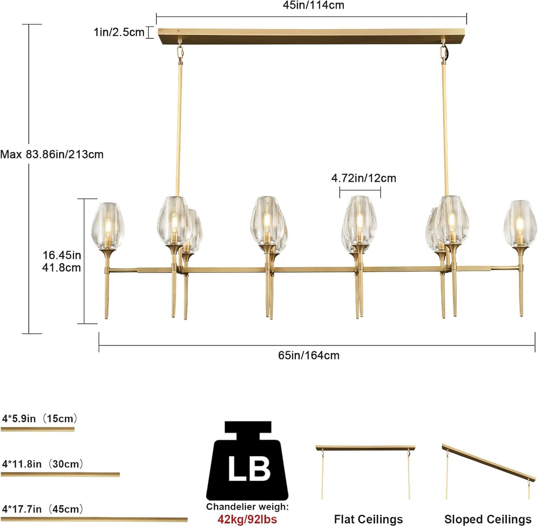 Modern Crystal Chandelier 10 Lights Brass 65in Gold Rectangle K9 Pendant Light - Camilalamps - CA-B0DNYR2879
