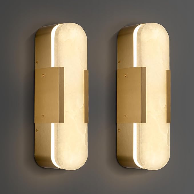 Alabaster Brass Wall Sconce Set of Two, 13.8‑inch - Camilalamps - CA-B0CNPH3FTY