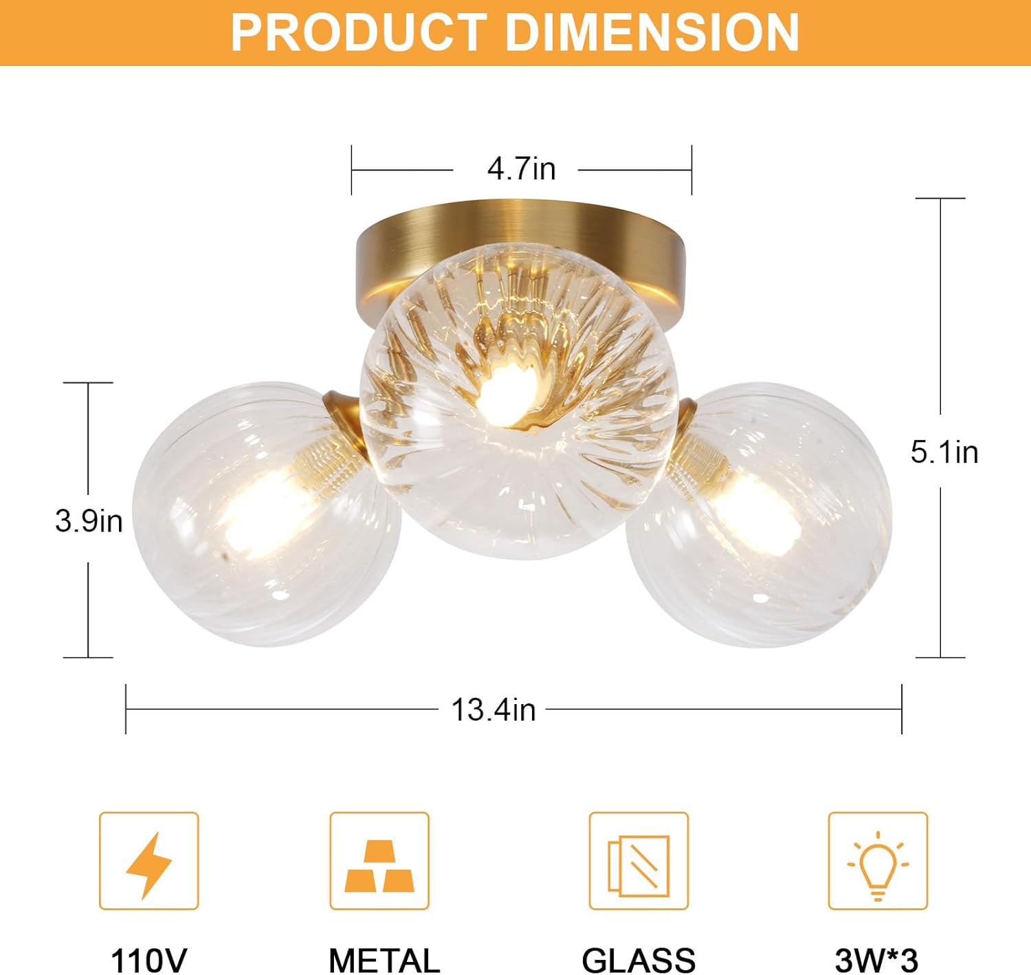 Bubble Ball Swirled Glass Chandelier 3 - Light Semi Flush Mount Ceiling Mid Century Light Fixture - Camilalamps - CA-B0FFMPX62H