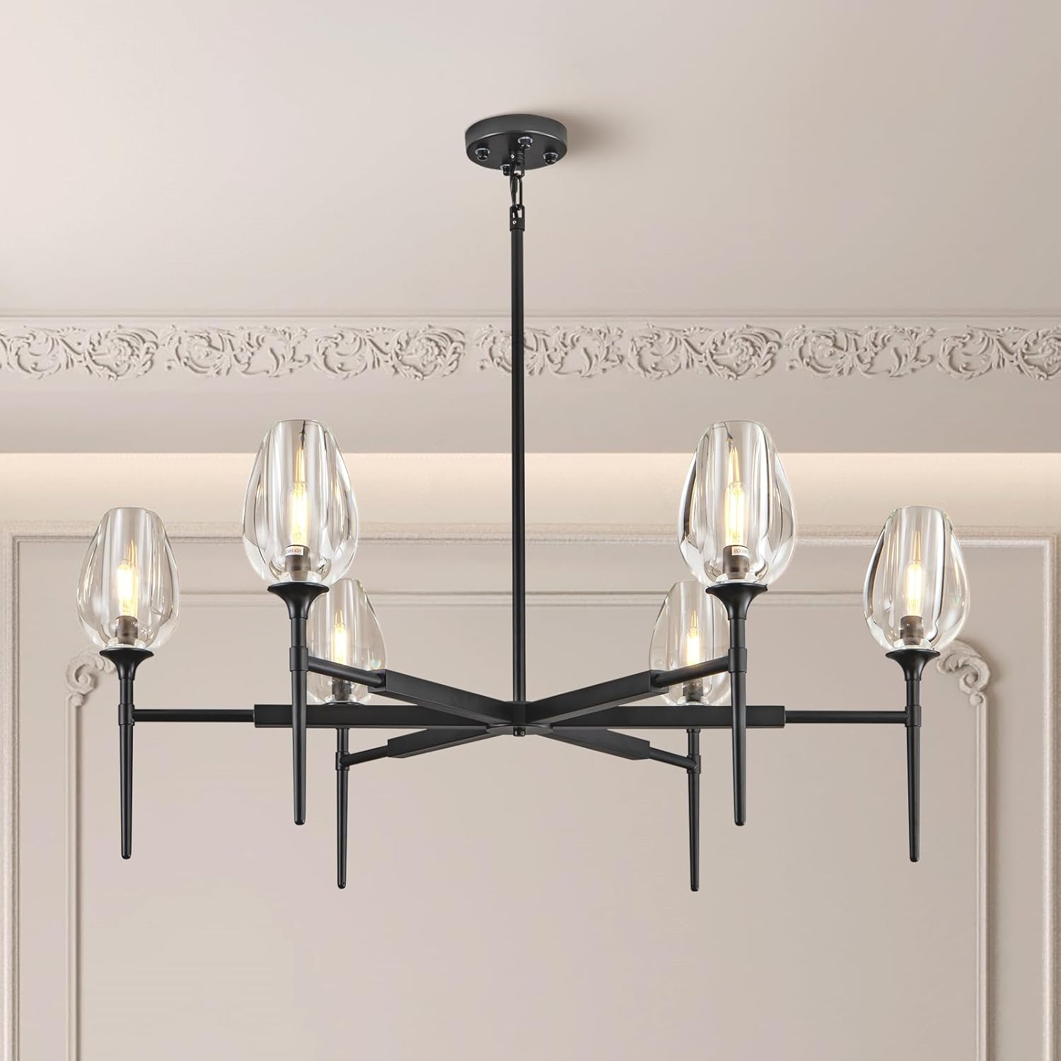 Modern Black Crystal Chandelier 6 Lights 42in Round K9 Tulip Pendant - Camilalamps - CA-B0DD44R37T