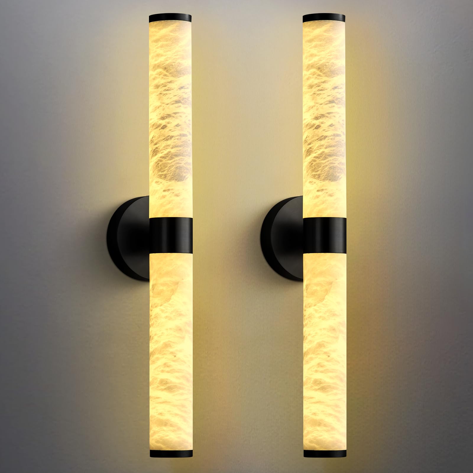 Alabaster Wall Sconces, 24" Brass Wall Sconce, Cylinder Natural Spanish Marble Sconces Wall Lighting, Modern Gold Dimmable Wall Lights for Living Room Bedroom Bathroom Stairs Hallway Entryway