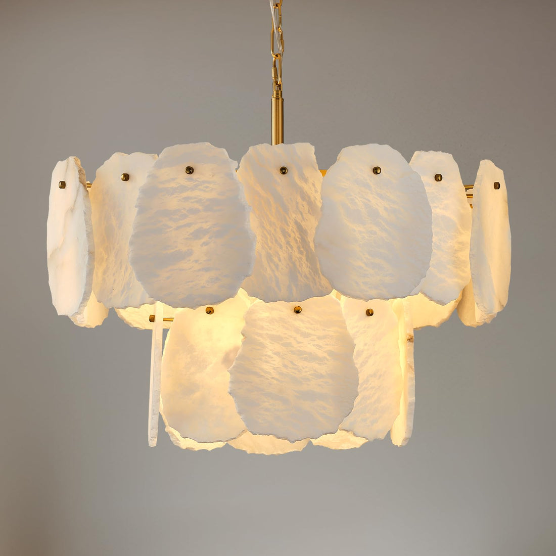 Alabaster Round Chandelier, D32in Luxury Modern Marble Dining Room Chandeliers, 3-Tiers Natural Brass Alabaster Chandelier Over Table for Living Room Dining Room Bedroom Bathroom Foyer