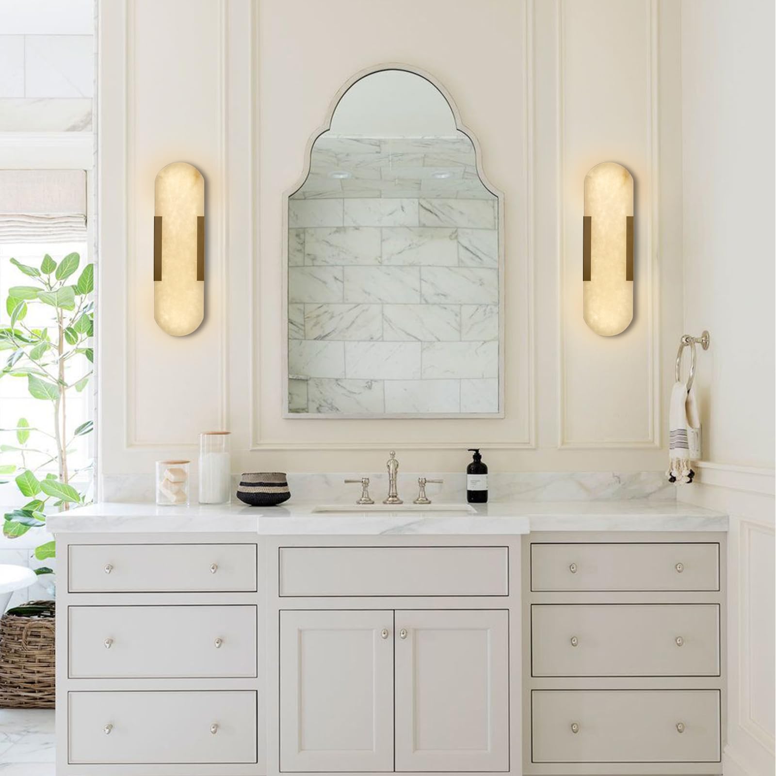 19.7'' Wall Sconces Set of 2, Natural Alabaster Wall Light, Indoor Vanity Light Fixtures for Bathroom,Black Bedside Wall Lamp Perfect for Hallway, Living Room,Bedroom,Stairs(Gift Bulb) - Camilalamps - B0CHYF9LZM