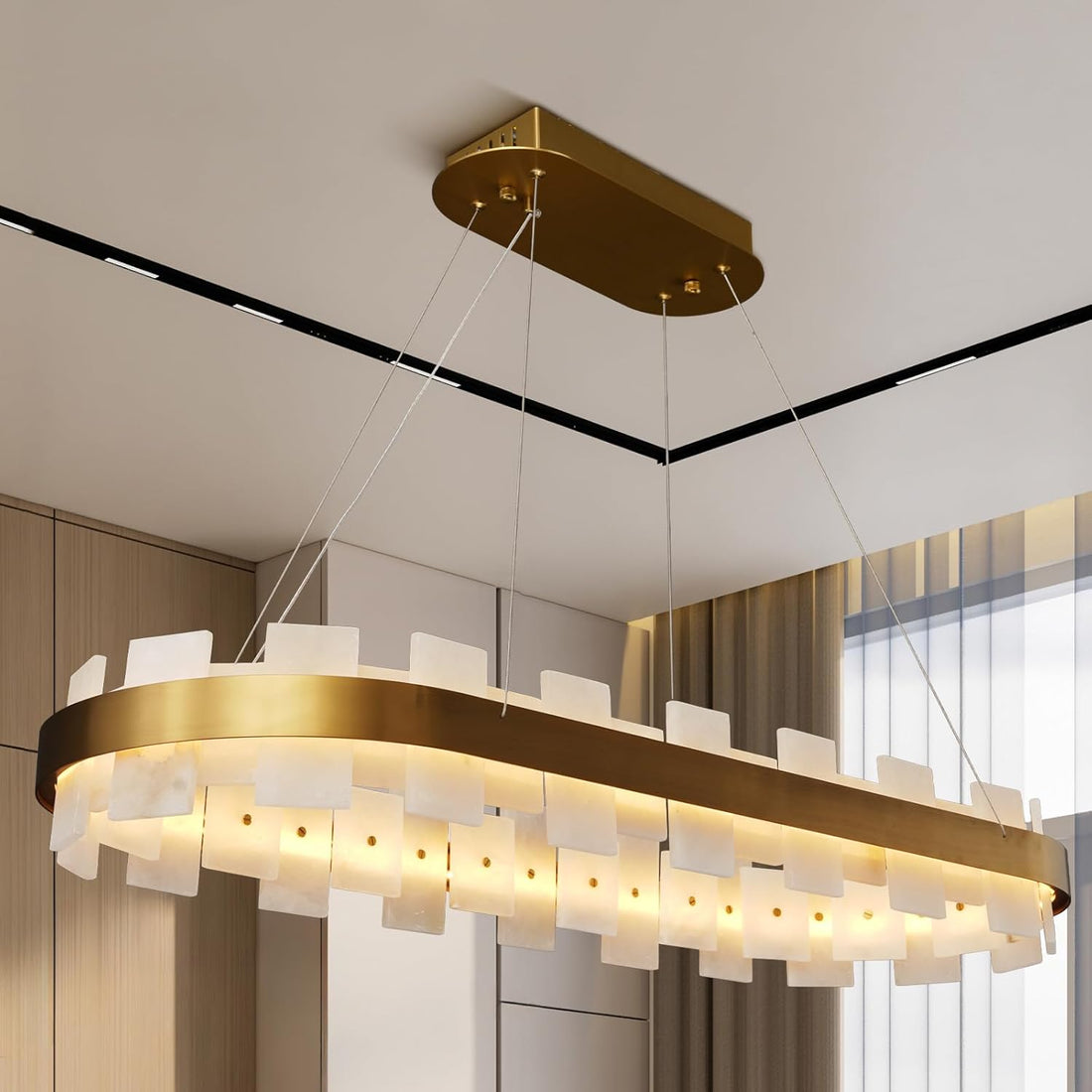 Luxury Adjustable Rectangle Alabaster Chandelier 37.4" Modern Ceiling Light - Camilalamps - CA-B0FNR1PXTZ