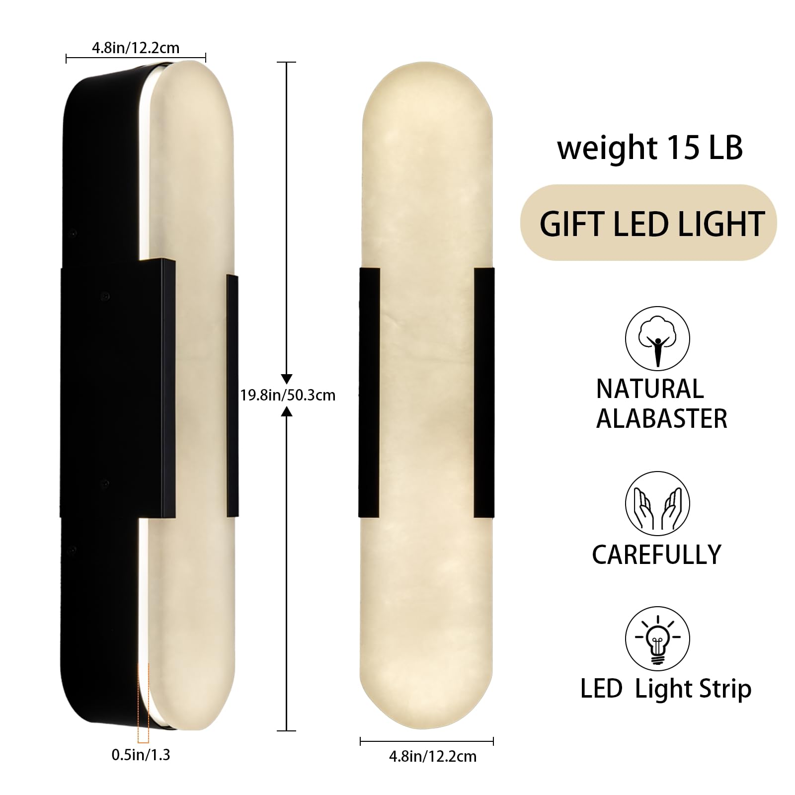 19.7'' Wall Sconces Set of 2, Natural Alabaster Wall Light, Indoor Vanity Light Fixtures for Bathroom,Black Bedside Wall Lamp Perfect for Hallway, Living Room,Bedroom,Stairs(Gift Bulb) - Camilalamps - B0CHYF9LZM