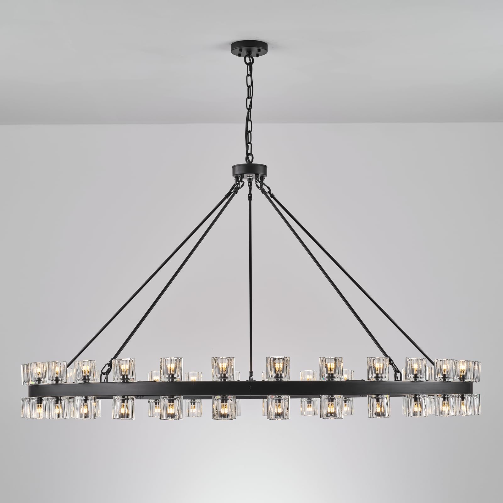 48 Inch Black Wagon Wheel Chandelier with Crystal Shade, 48 Lights, Modern Farmhouse Style, Ideal for Dining Room, Kitchen, Entryways - Camilalamps - B0DPJY8R54