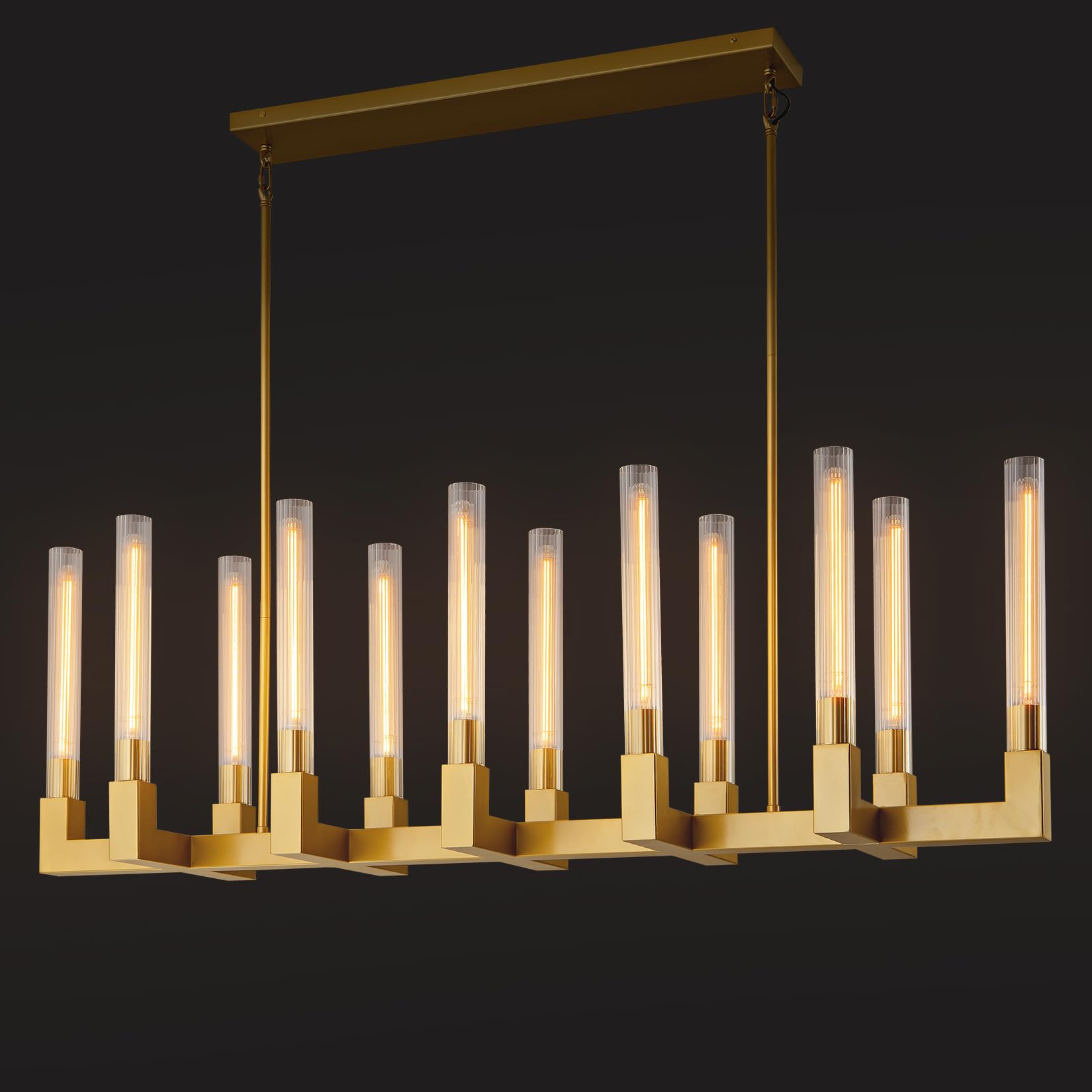 Black 12-Lights Modern Chandelier with Glass Tube, 54''Chandeliers Rectangular Luxurious Large Chandelier Fixture Ceiling Pendant Lighting for Dining Living Room, Foyer