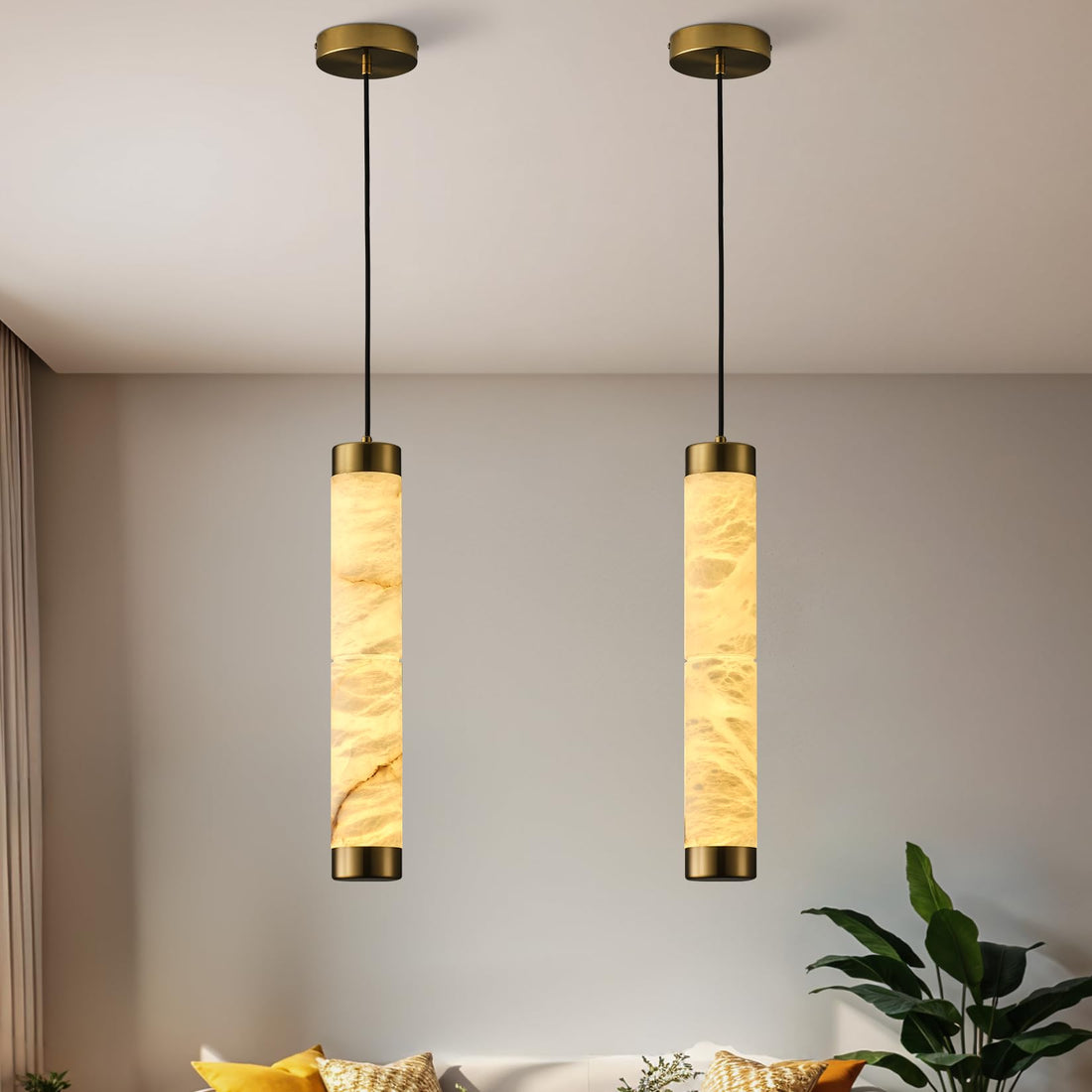20" Alabaster Pendant Lights, Natural Marble Cylinder Brass Pendant Light, Adjustable Modern Ceiling Light Fixtures for Kitchen Island, Dining Room, Bedroom, Living Room, Bathroom